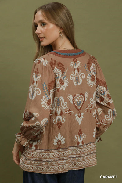 Border Print V-Neck Blouse