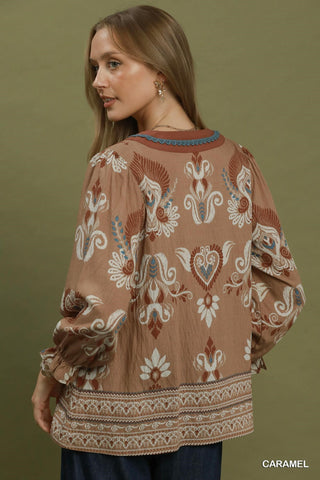 Border Print V-Neck Blouse