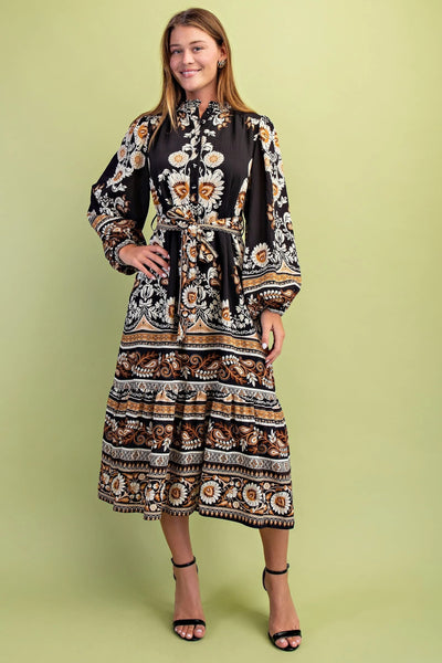 Black Mix Floral Tie Waist Midi Dress