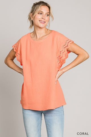 Women's Eyelet Lace Sleeve Detailed Top