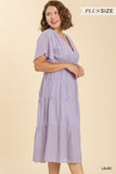 Smocked Short Sleeve V-Neck Textured Tiered Maxi Dress